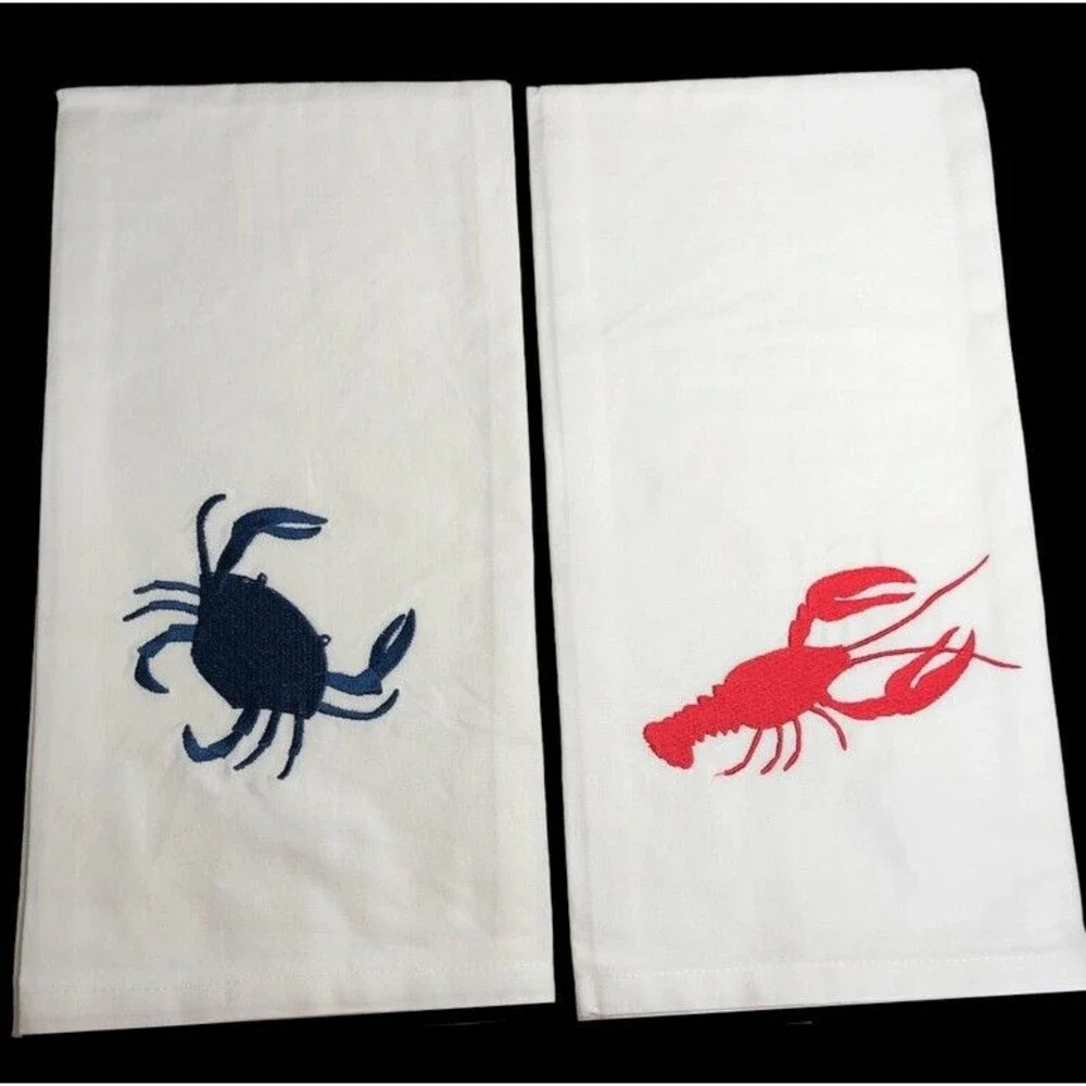 Nautical Kitchen Dish Towels Lobster Crab Embroidered Set of 2 Summer Red Blue